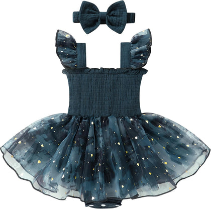 Baby Girl Tulle Romper Dress Infant Sleeveless Ruffle Bodysuit Tutu Skirt Toddler Summer Clothes with Headband