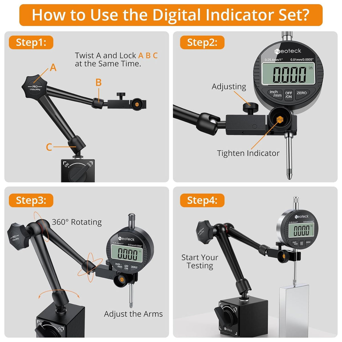 Neoteck Digital Dial Indicator Gauge and Magnetic Base Set, Storage Case
