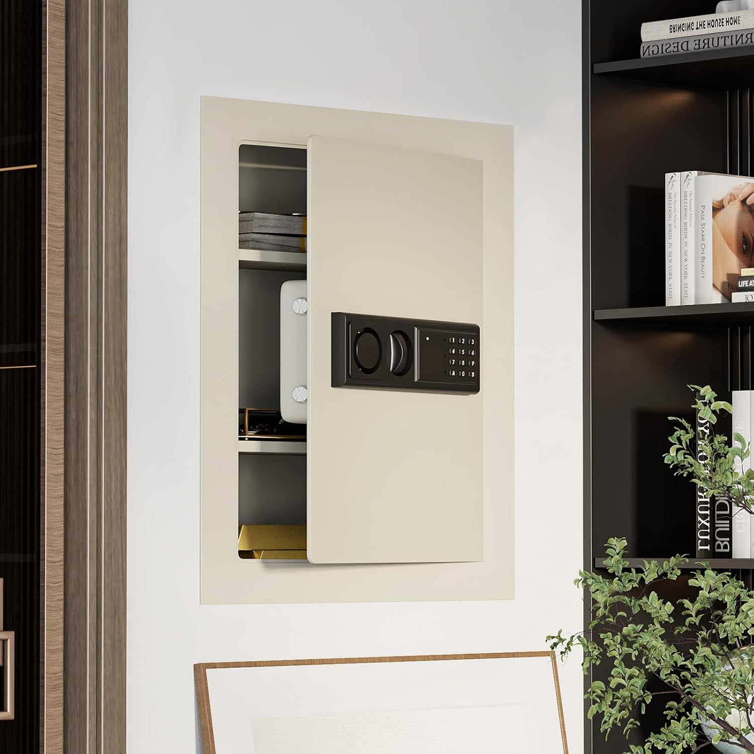 Electronic Wall Hidden Safe Security Box, Built-In Wall Electronic Flat Security Safety Cabinet (White)