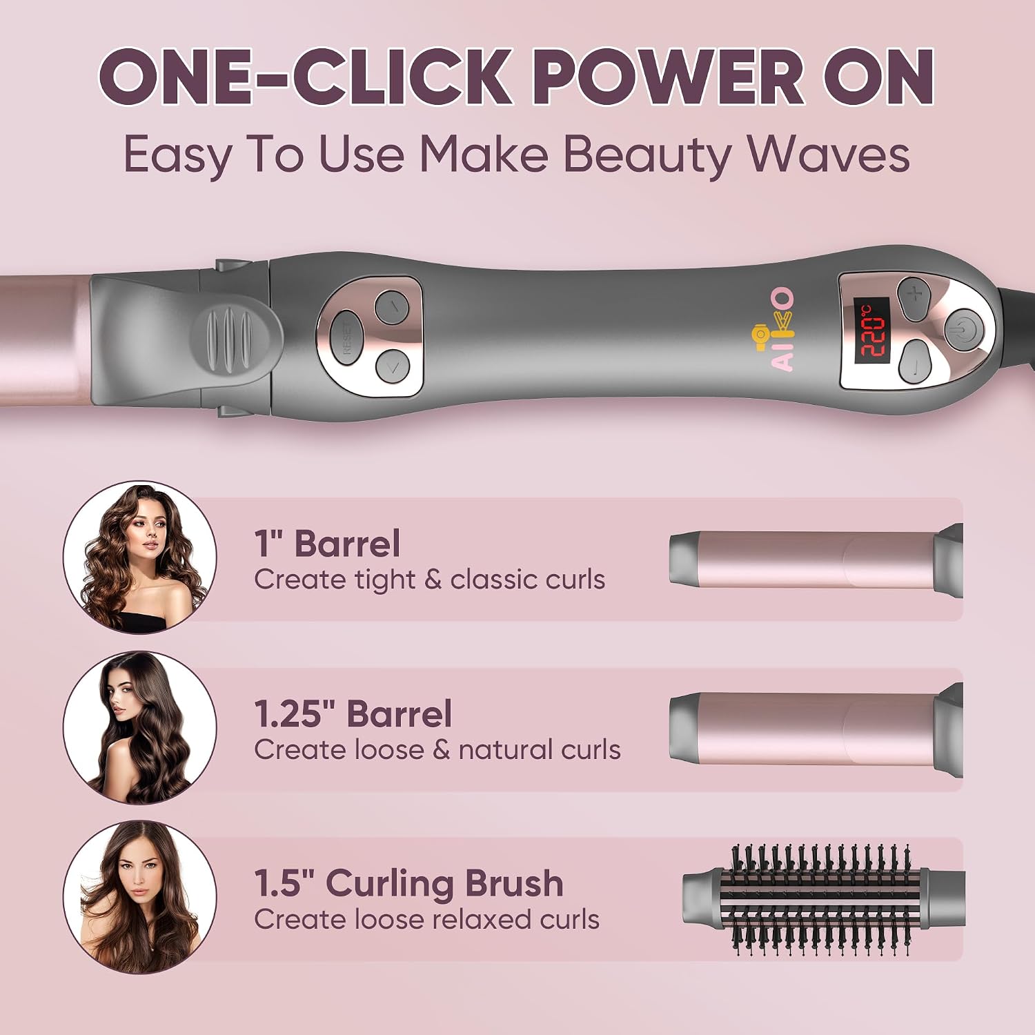 3 in 1 Interchangeable Automatic Rotating Curling Iron & Thermal Brush Set, (1''-1.25'') Curling Iron, Automatic Hair
