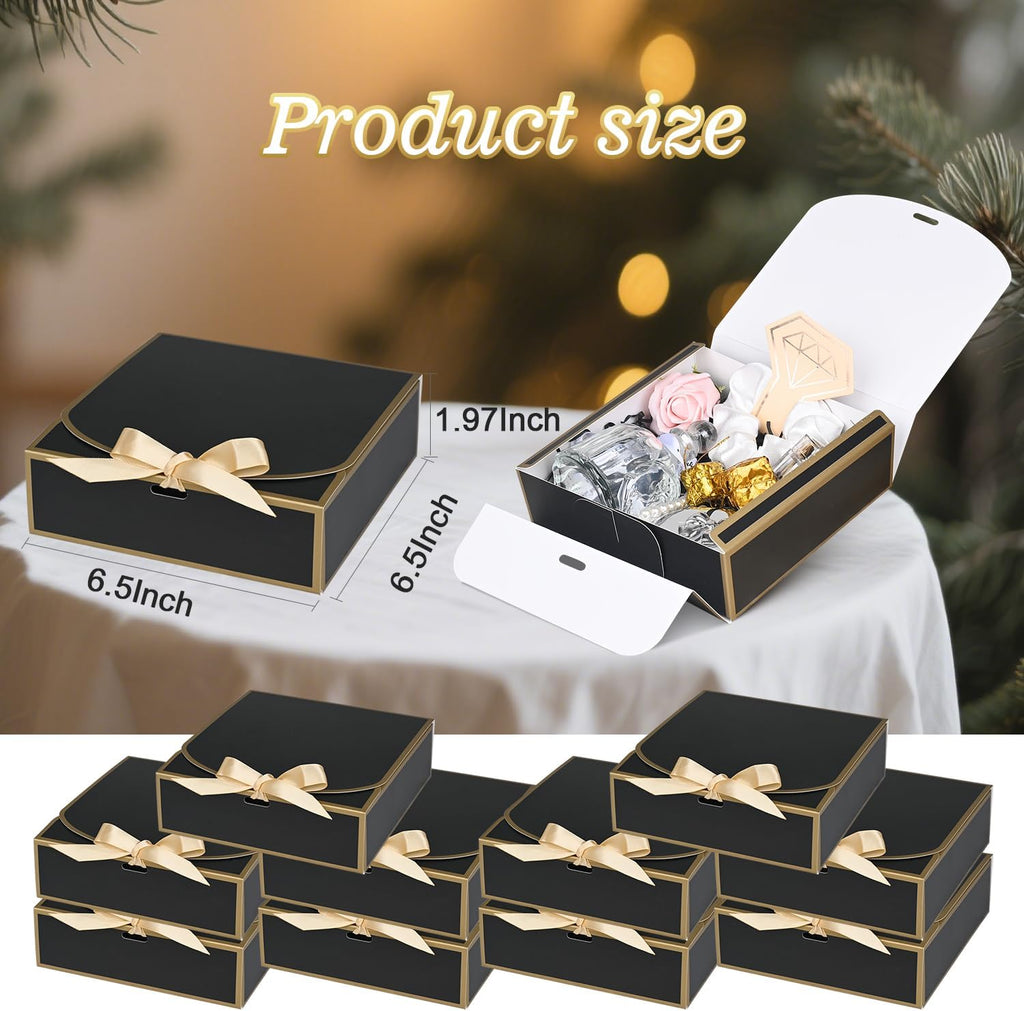 10 Pack Small Gift Boxes with Lids, Black Gift Boxes with Ribbons