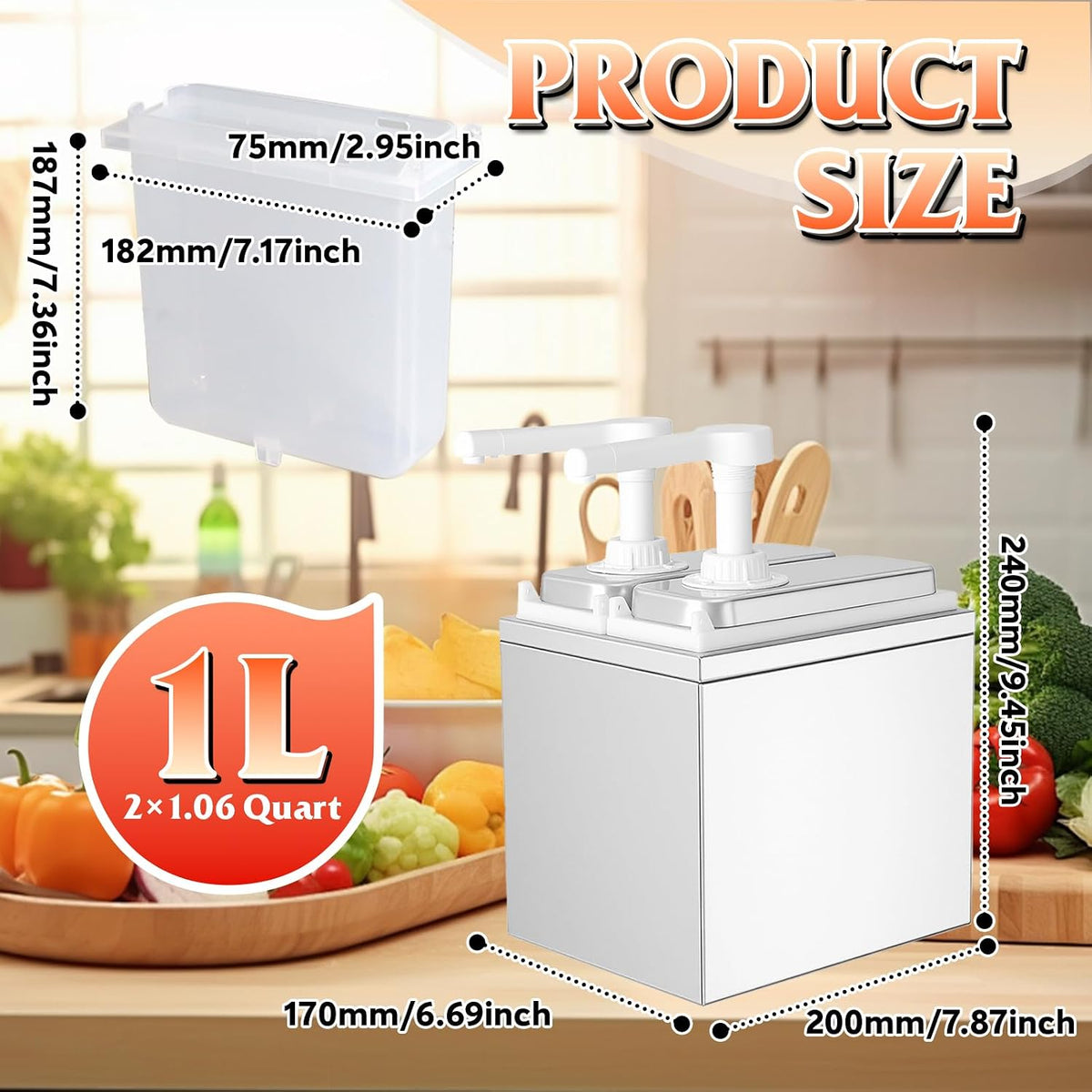 Stainless Steel One-Piece Sauce Pump Dispenser, 1L/2L Condiment Pump with Easy-Press Spring & 360° Nozzle, Detachable