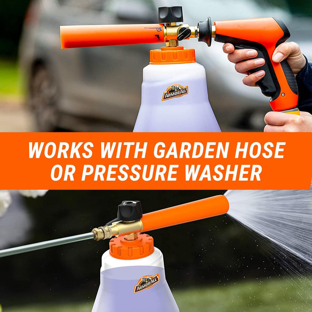 2-in-1 Foam Cannon Kit for Garden Hoses and Power Washers | 3-piece car washing kit with 40-ounce reservoir, marked