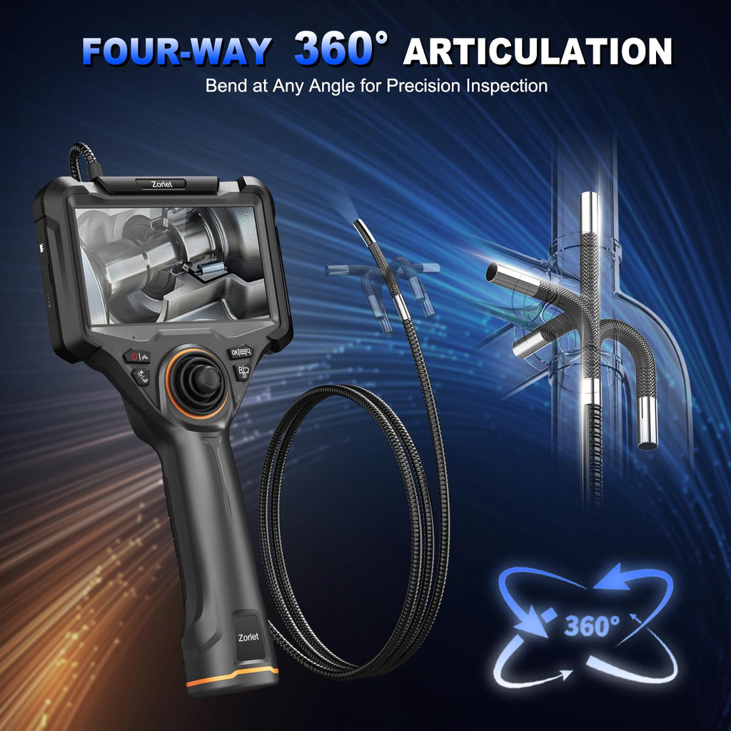 Zorlet 4-Way Articulating Borescope, 0.25in/6.3mm Probe, 5" Screen, 5FT