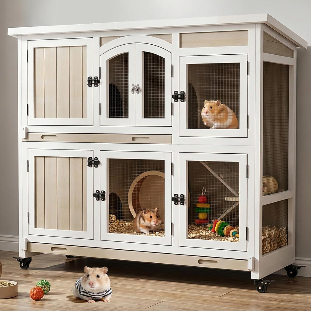 47" L Large Guinea Pig Cage with Wheels, Chew-Resistant Ramps | 2 Deep Pull-Out Trays, Hideout and 2-Story Layout for