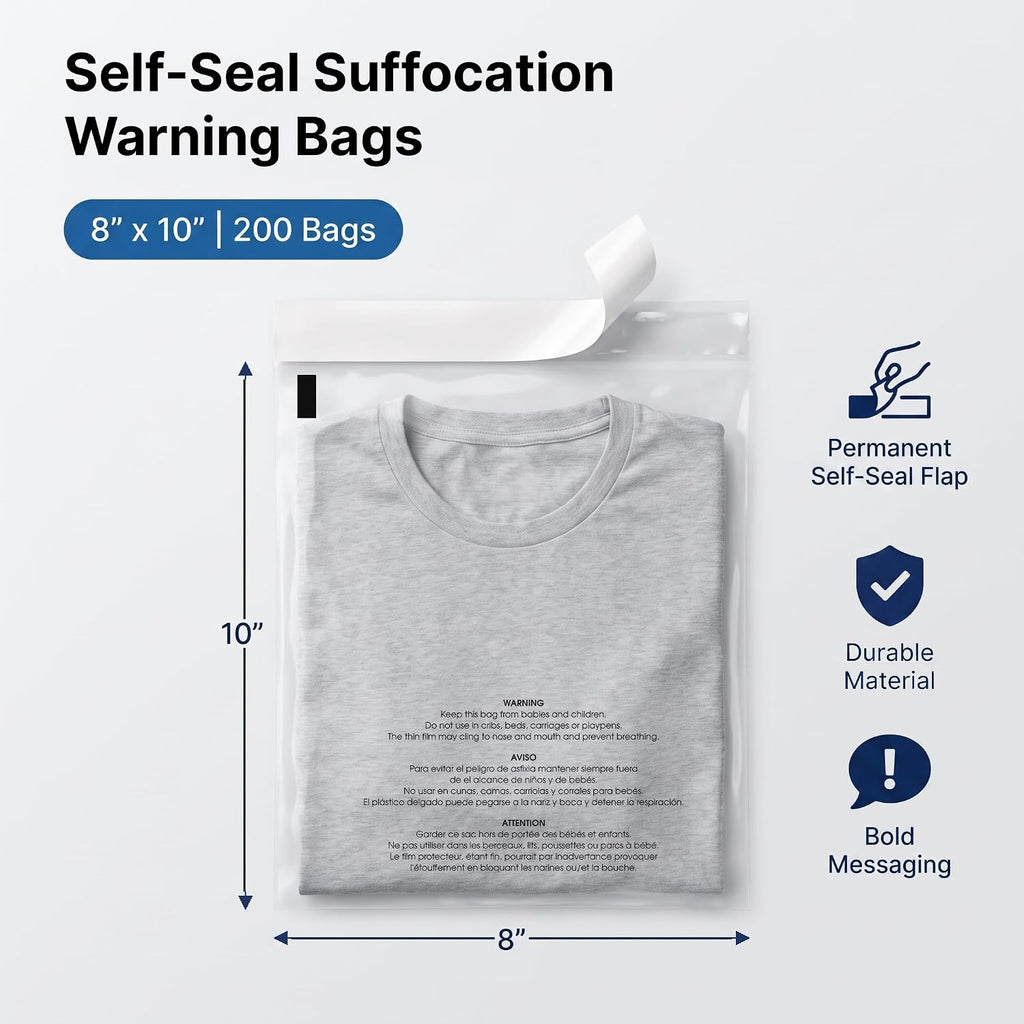 8” X 10” (200 Count) Self Seal Clear Poly Bags with Suffocation Warning