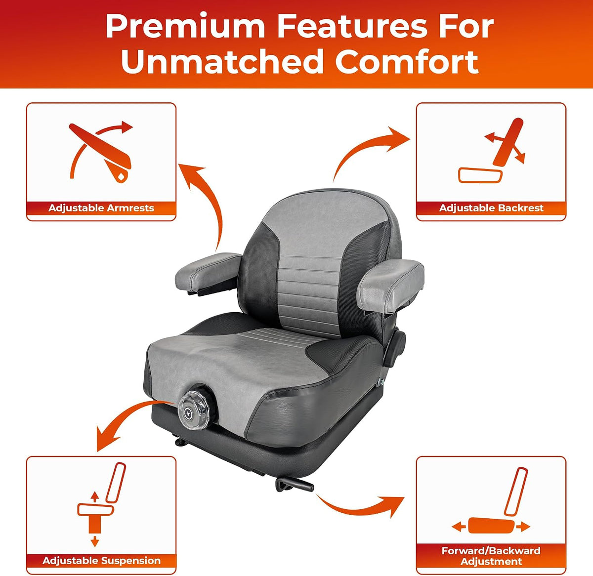 Comfort Elite Suspension Seat – 1 YEAR WARRANTY – Adjustable Suspension, Backrest, & Cushioned Armrests – For Scag