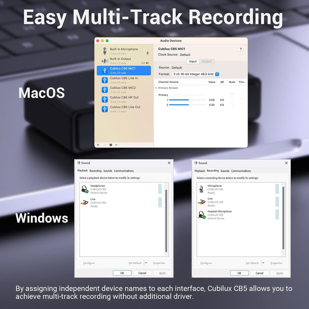 CB5 USB Audio Interface for Recording, Streaming, Podcasting, USB to 3.5mm Sound Card with Stereo Microphone Input