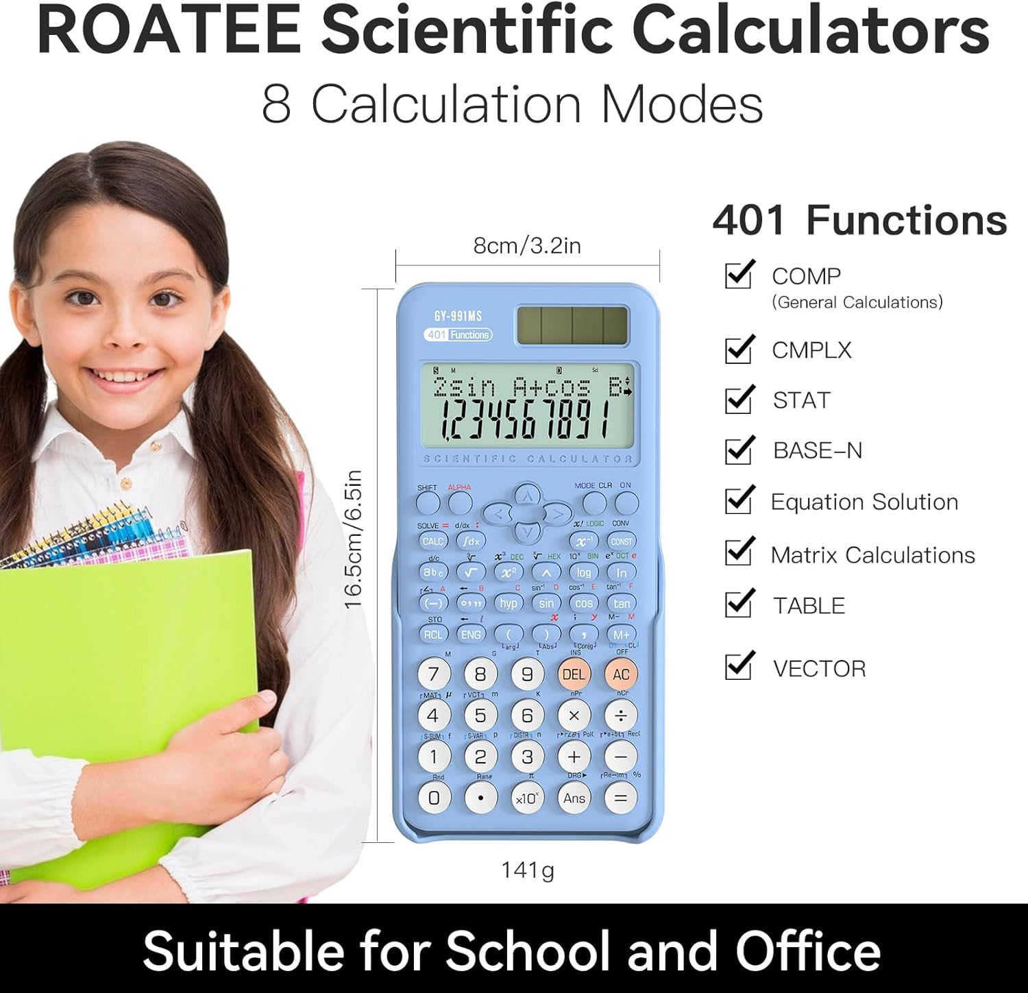 Scientific Calculator School Supplies, ROATEE 991MS 401 Functions 2-Line Display Desktop Calculator with Sliding