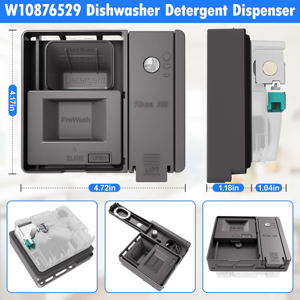 Upgraded W10876529 Dishwasher Detergent Dispenser Compatible with Whirlpool Kenmore Jenn-Air Dishwasher Soap Dispenser Replacement Parts W10620297 W10620299 AP6024305 PS11738149 Rinse Aid Dispenser