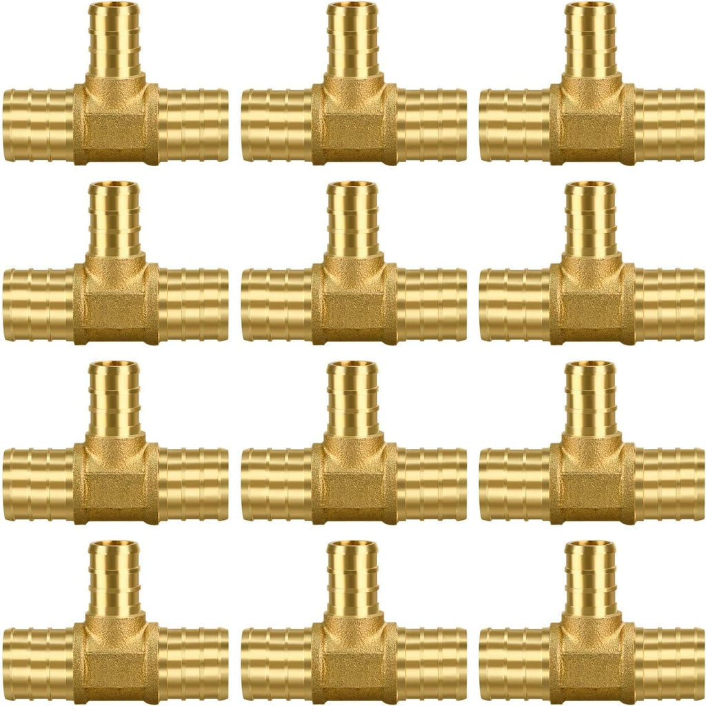 12 Pack 3/4" × 3/4" × 1/2" Brass PEX TEE Fittings
