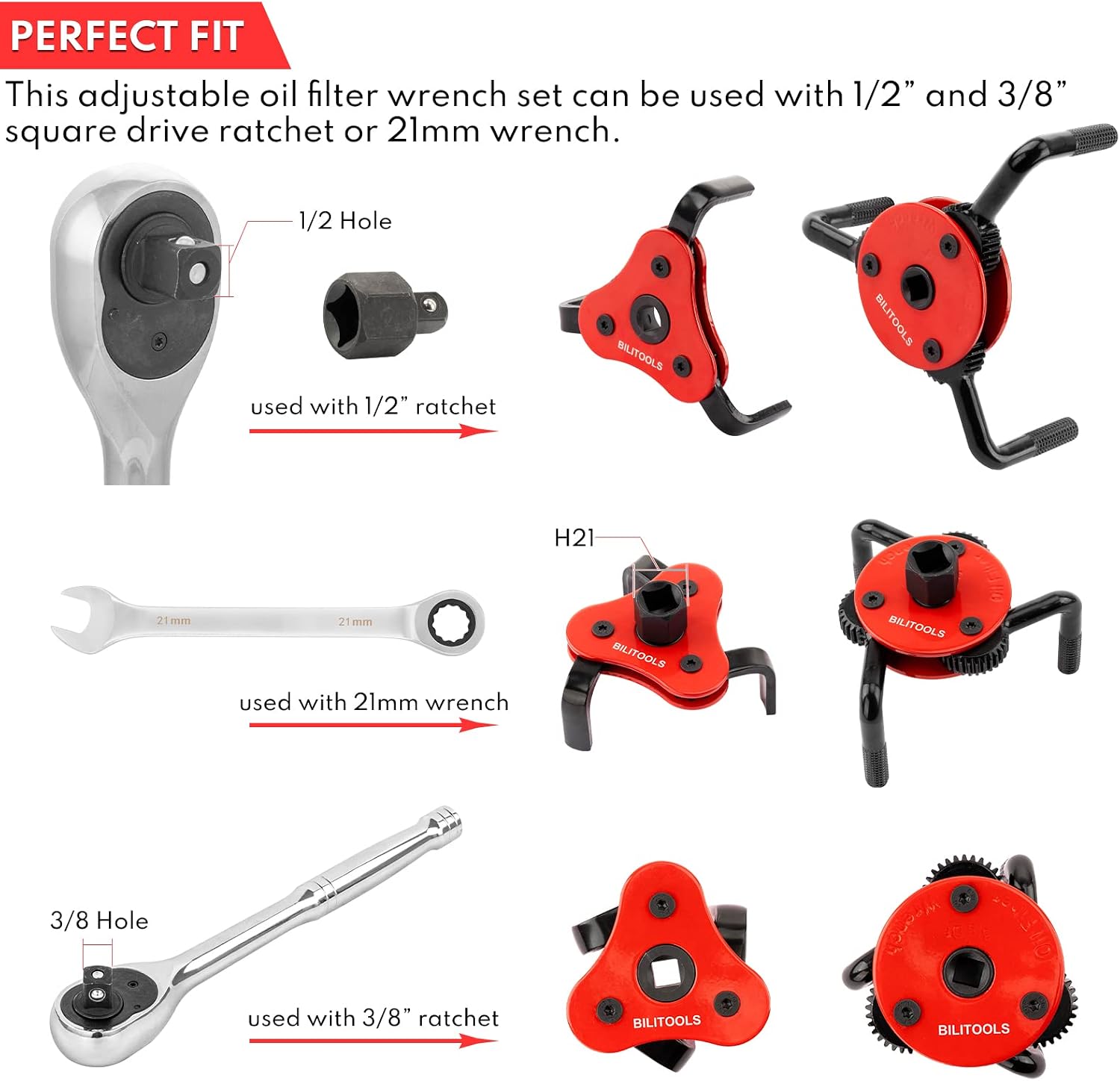 Universal Adjustable 3-Jaw Oil Filter Wrench, 1/2-Inch Drive | Heavy-Duty Oil Filter Removal Tool, Fits 2-1/2 to