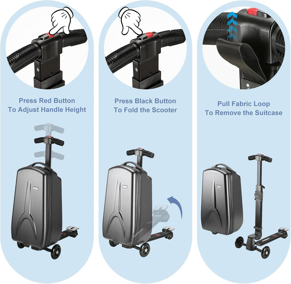 Scooter Luggage for Kids Removable & Foldable Ride on Suitcase-Black