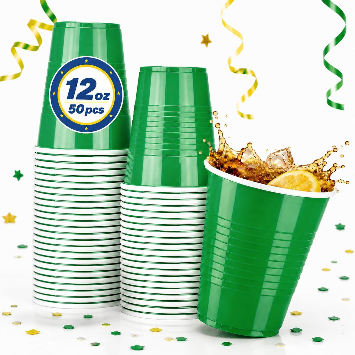 Glotoch Green Disposable Plastic Party Cups 12 oz, 50 Count