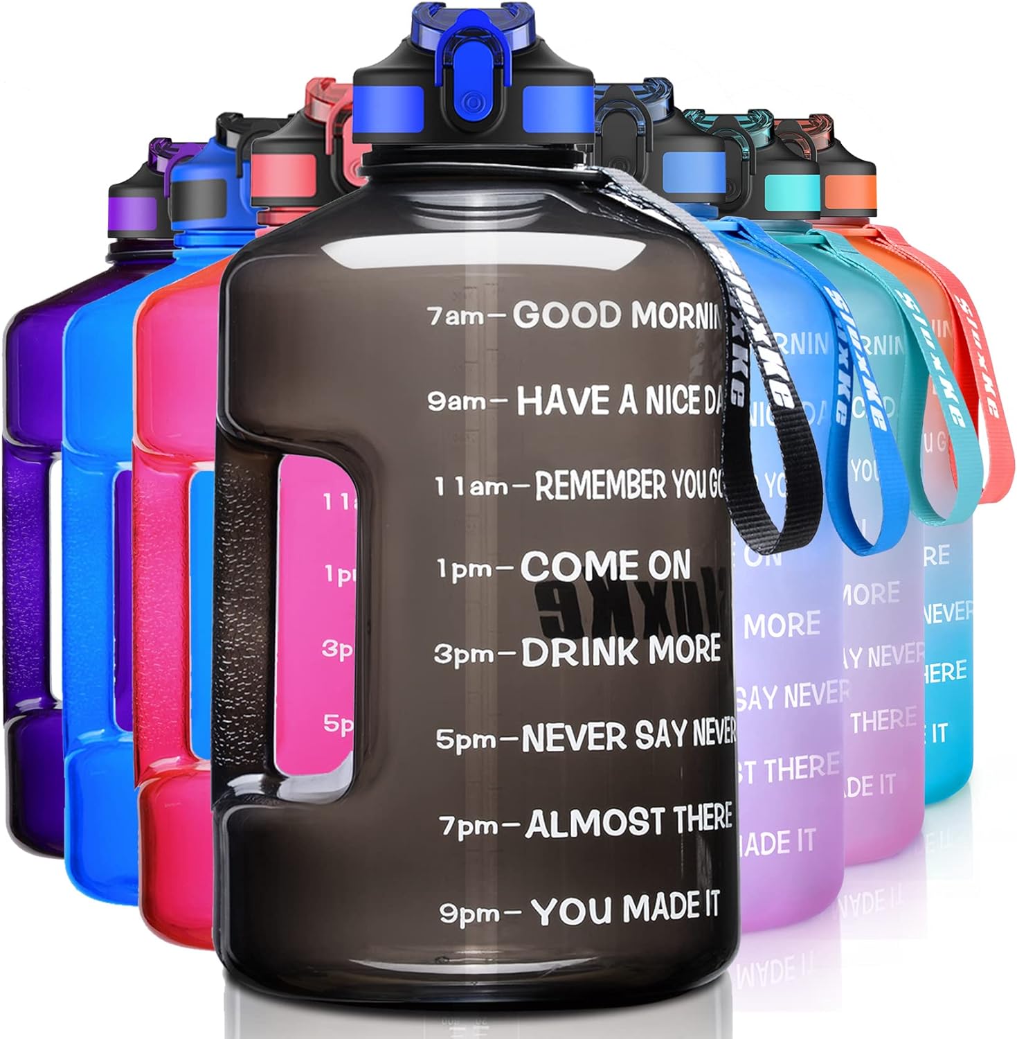 1 Gallon Motivational Sports Water Bottle with Time Marker, BPA Free 128oz Leak Proof Jug, Black, Plastic, 128