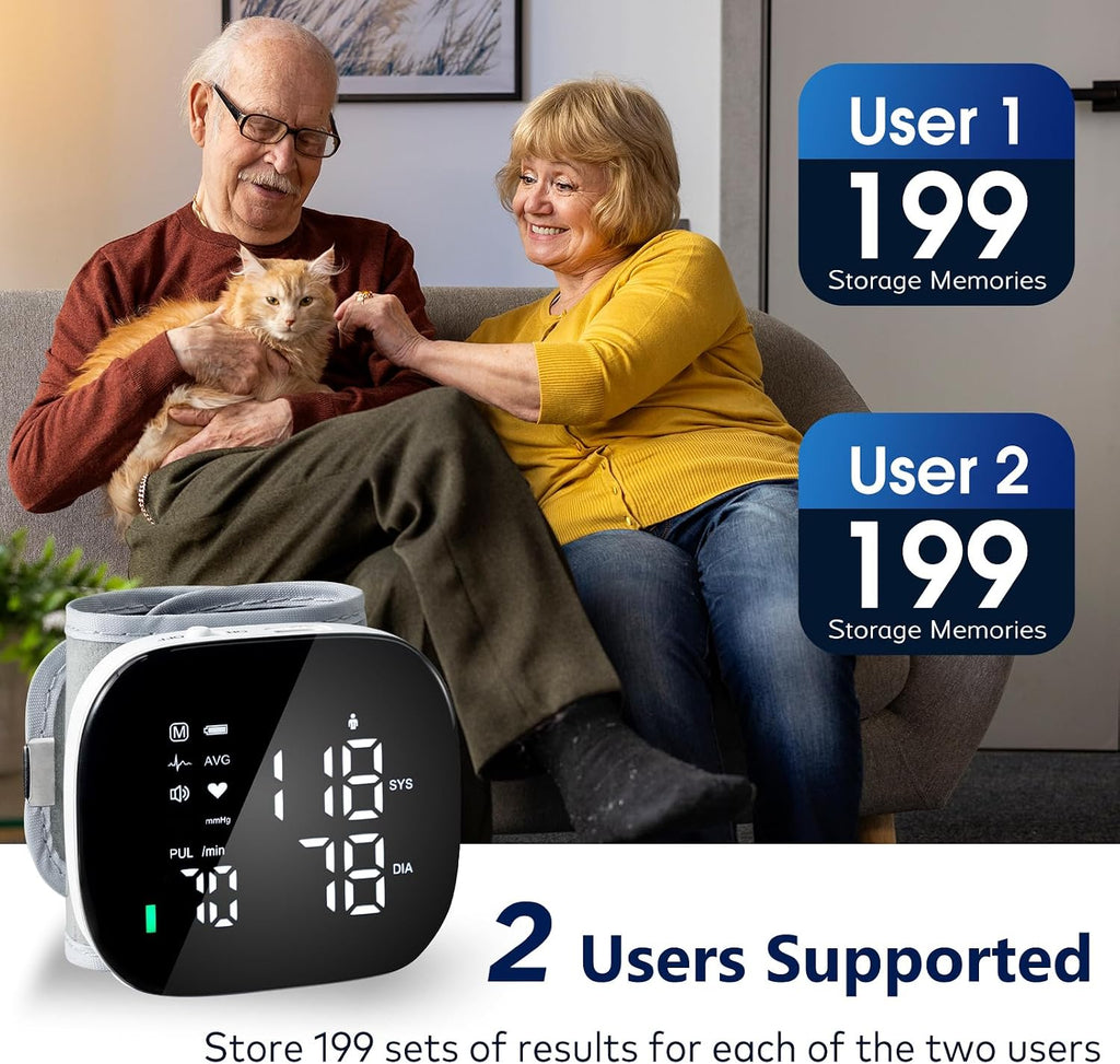Wrist Blood Pressure Monitor Rechargeable Digital Voice Broadcast LED Backlit BP Machine 199 Memory Storage for 2