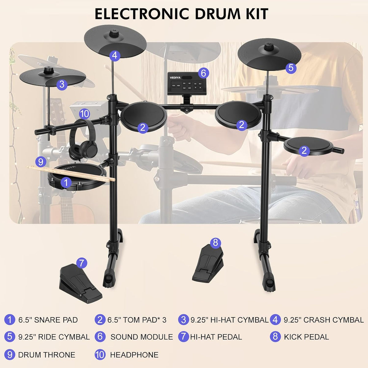 Electric Drum Set for Beginners, All in One, Quiet Mesh Snare Pad Electronic Drum Kit, Silent Drum Pads, 3 Cymbals, 2
