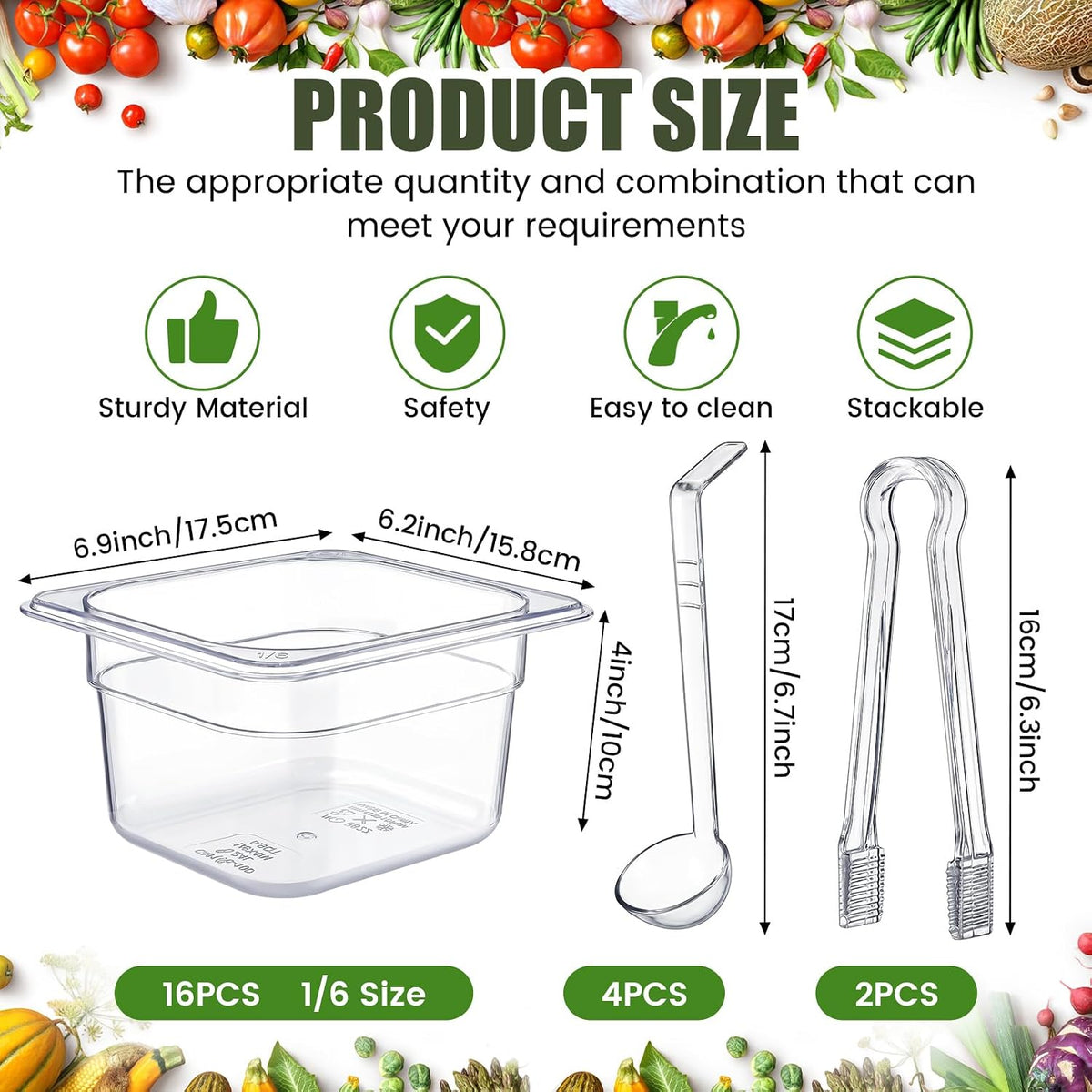 22 Pcs 1/6 Size Clear Food Pans Set Salad Bar Container, 4 Inch Deep