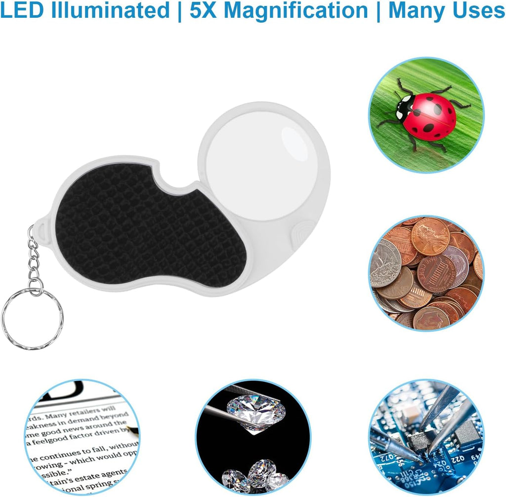 5X Magnifying Glasses with Light, Keychain Pocket Folding Magnifier | Keychain loop pocket handheld folded magnifier