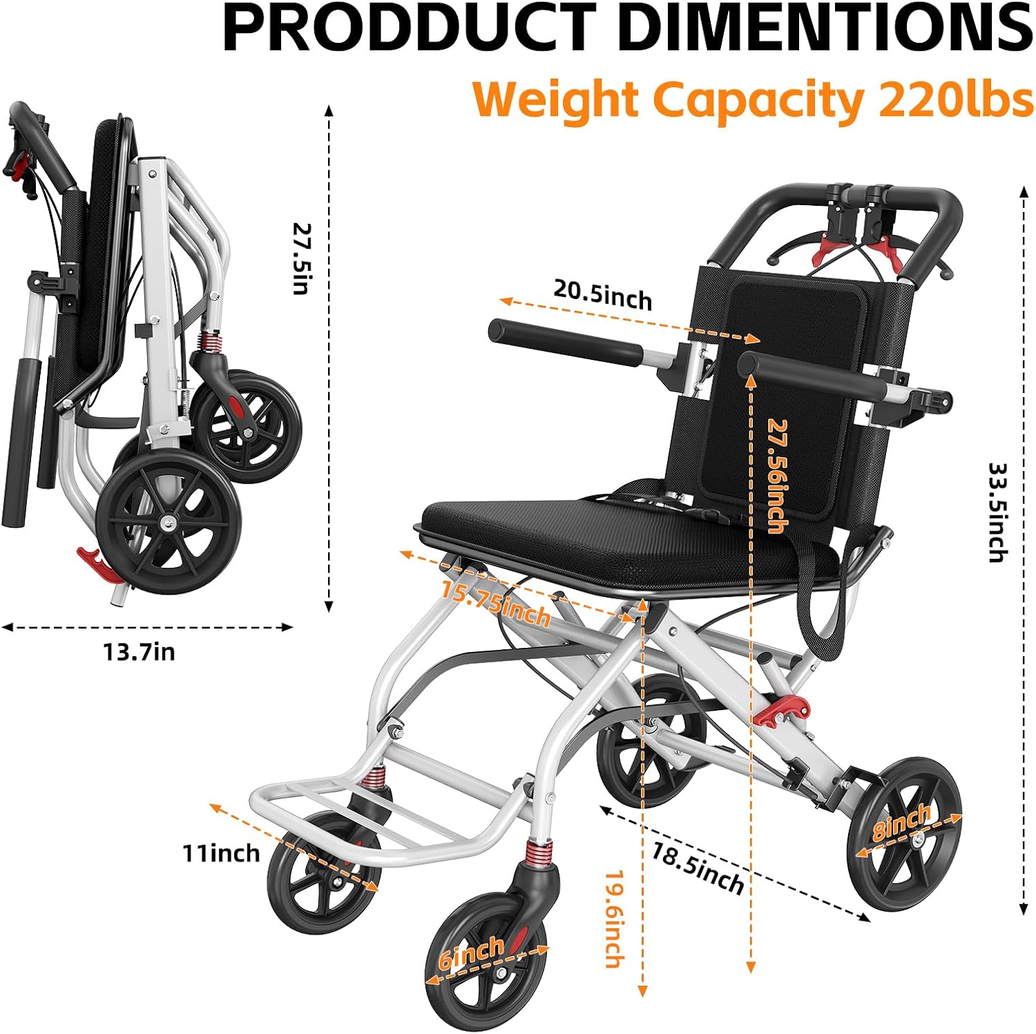 Lightweight Foldable Transport Wheelchair, Portable Travel Wheelchair