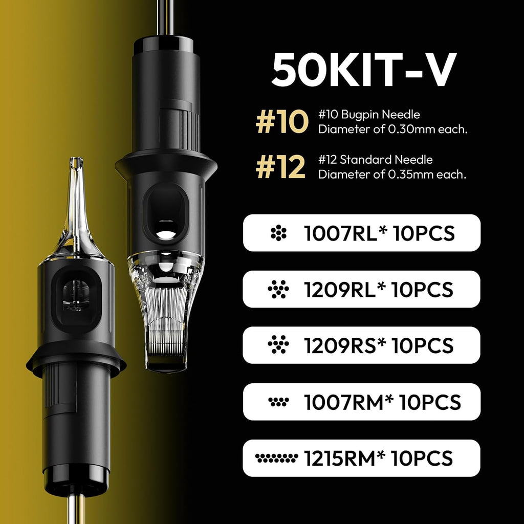 Tattoo Needle Cartridges 50PCS Assorted Size 1007RL 1007RM 1209RL 1209RS 1215RM *10Pcs Each Disposable Tattoo