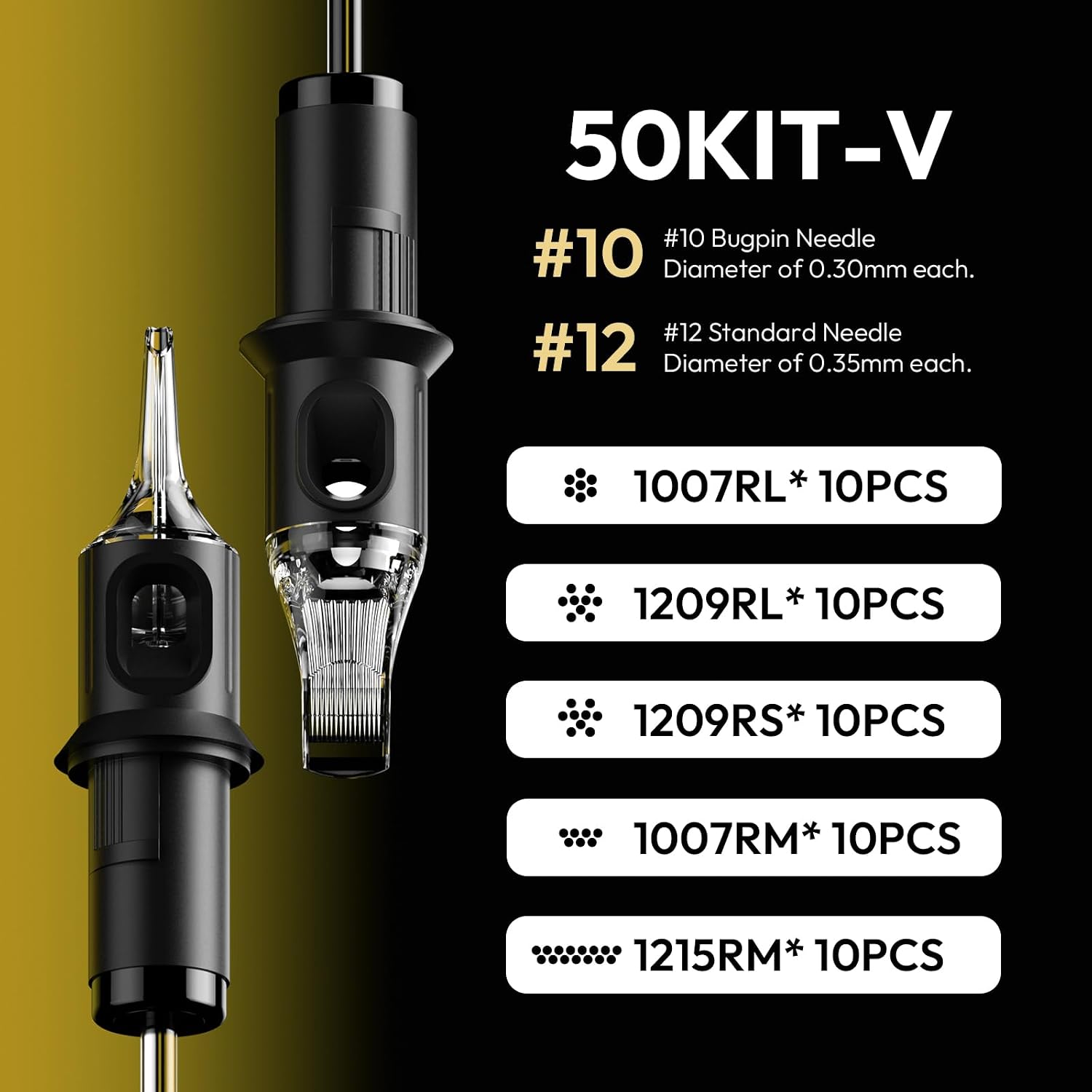 Tattoo Needle Cartridges 50PCS Assorted Size 1007RL 1007RM 1209RL 1209RS 1215RM *10Pcs Each Disposable Tattoo