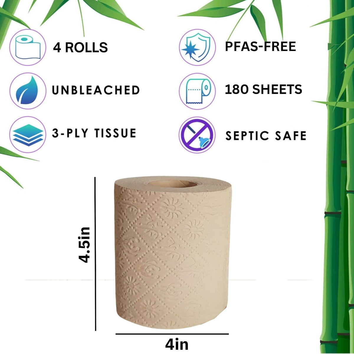 Bamboo Toilet Paper, 3-Ply Unbleached, 4 Rolls