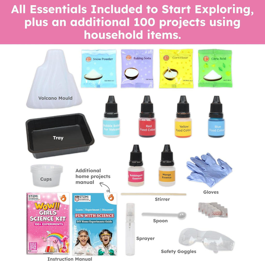 100+ Experiments Girls Science Kit for Kids Age 5-7 6-8 | Slime & Volcano Science Experiments Projects | Educational