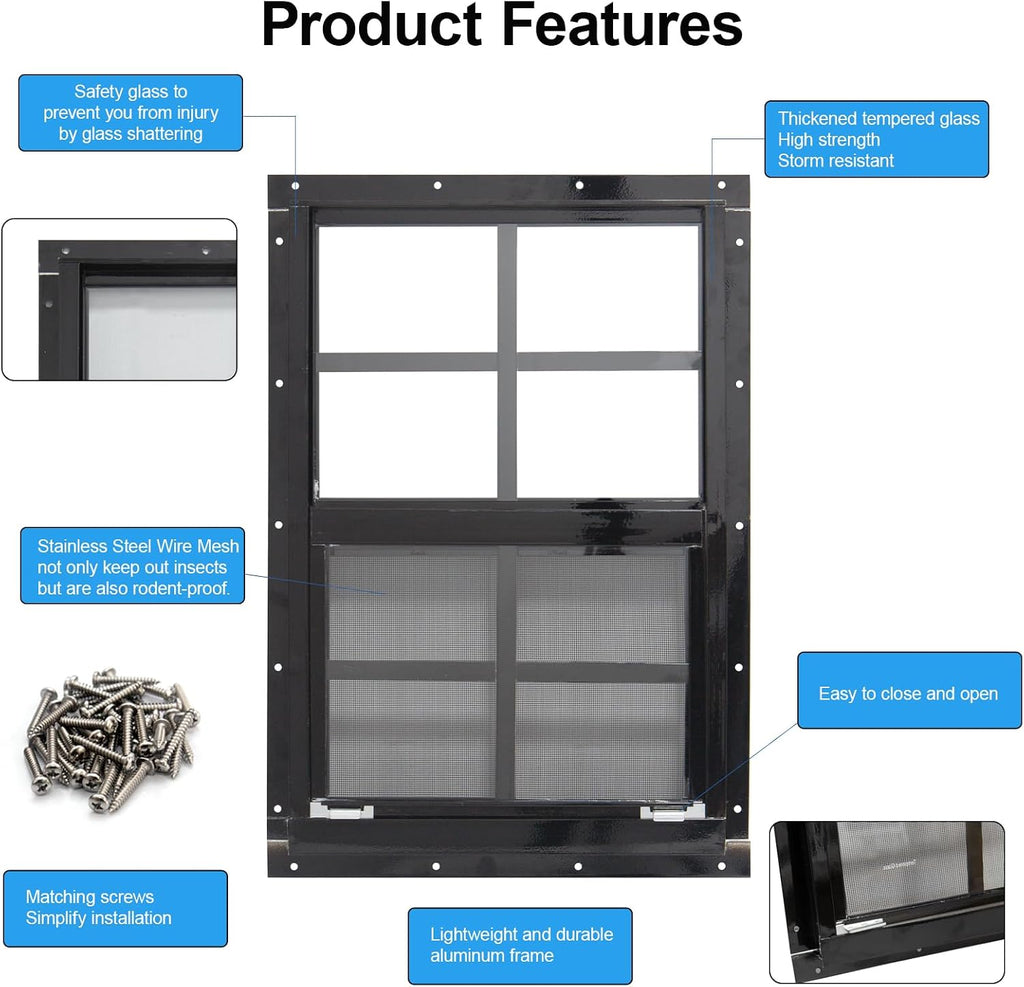 Upgraded Shed Windows 2 Pack, 30" x 36" Windows with Tempered Glass and Stainless Steel Screen for Shed, Chicken