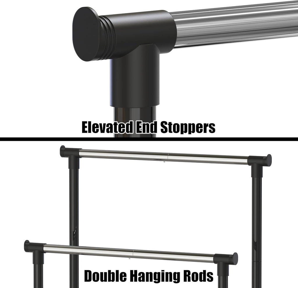 Double Rods Clothing Hanging Rack on Wheels, Black | Metal Rolling Garment Rack