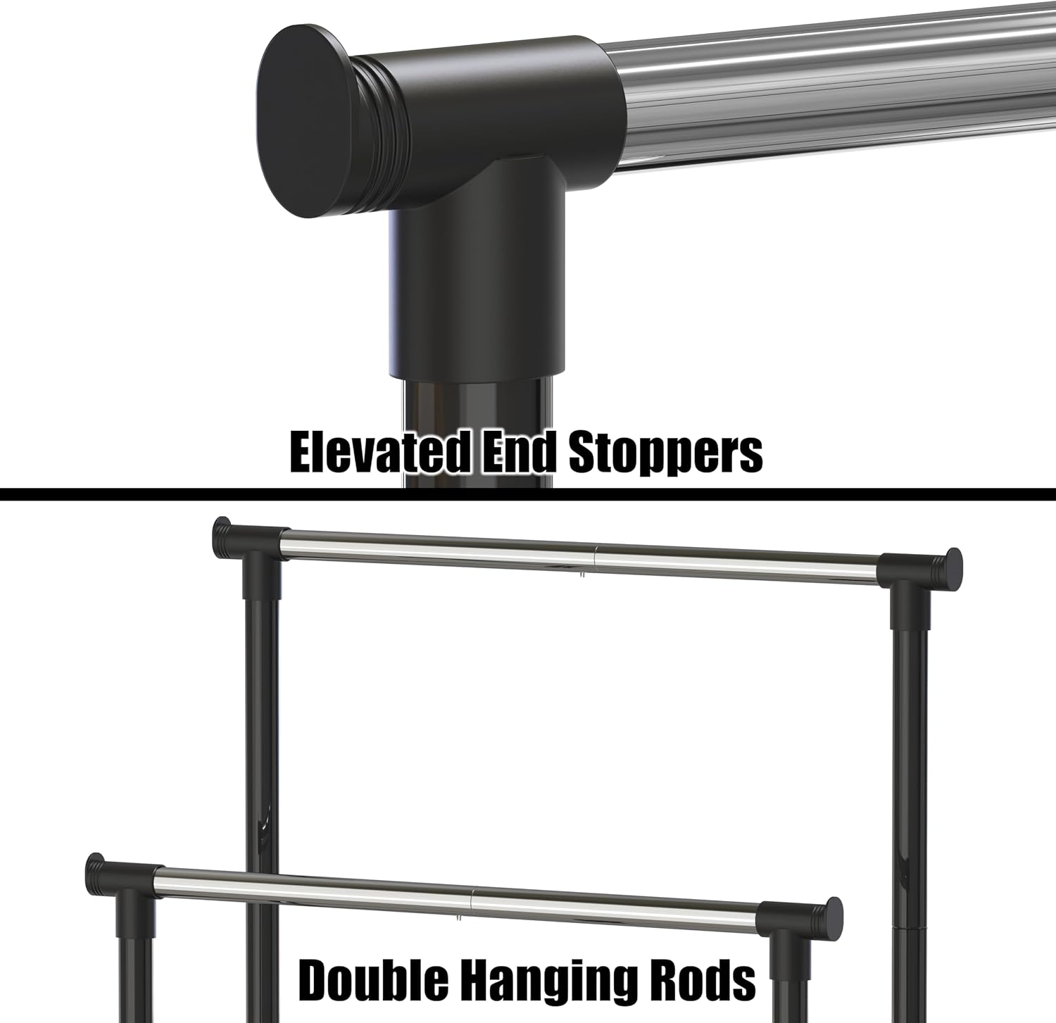 Double Rods Clothing Hanging Rack on Wheels, Black | Metal Rolling Garment Rack
