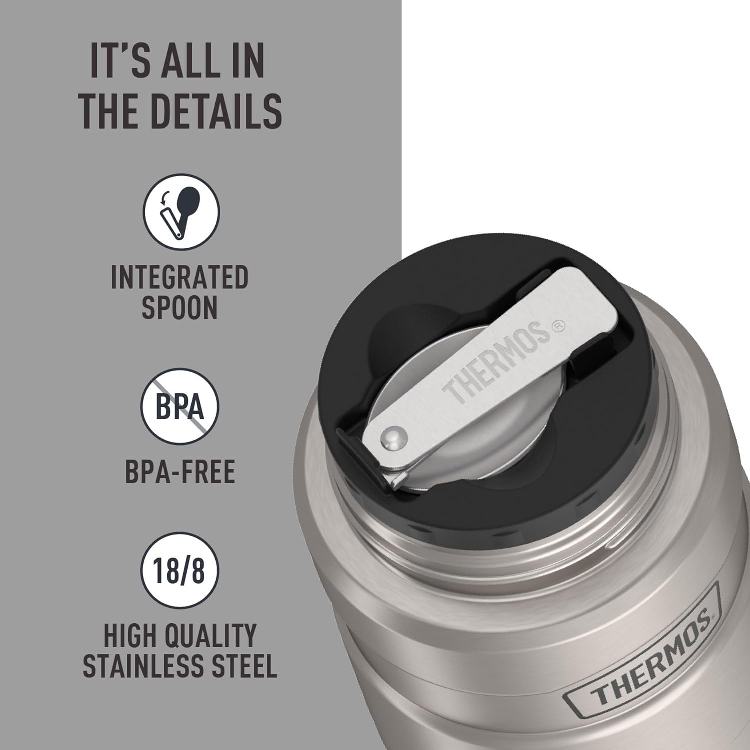 Stainless King Food Jar with Spoon, 16oz, Matte Steel | Stainless Steel Insulated Food Container with Built-In Bowl