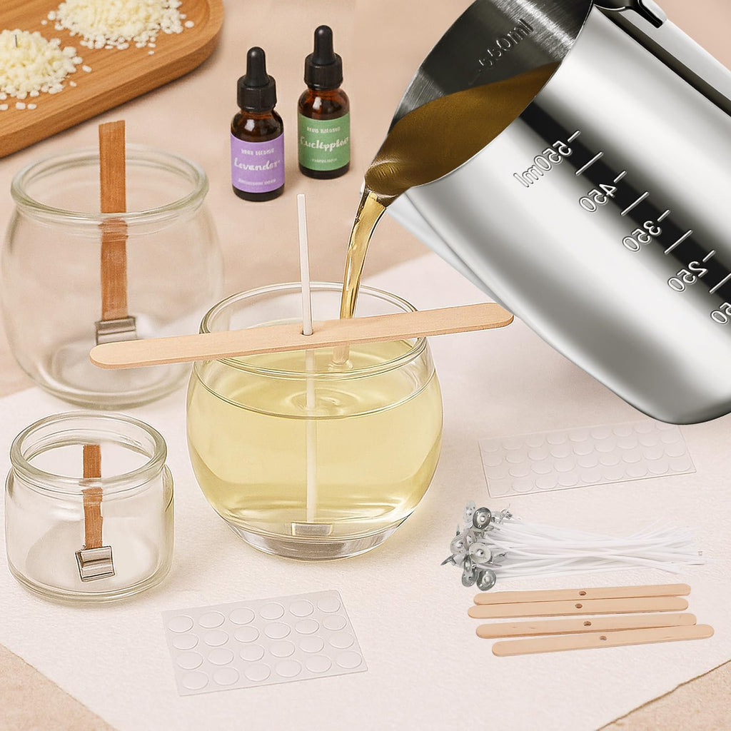 Candle Making Pouring Pot, Stainless Steel Wax Melting Pot with Candle Wicks, Wick Stickers & Holder for Scented