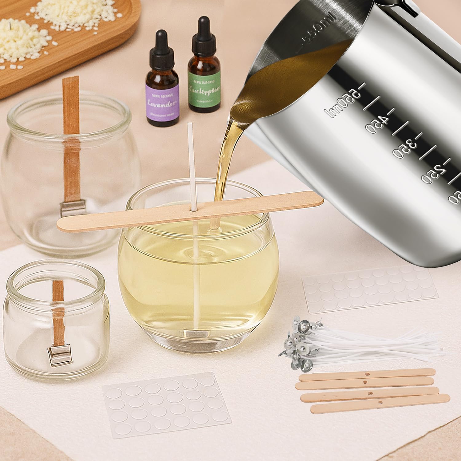 Candle Making Pouring Pot, Stainless Steel Wax Melting Pot with Candle Wicks, Wick Stickers & Holder for Scented