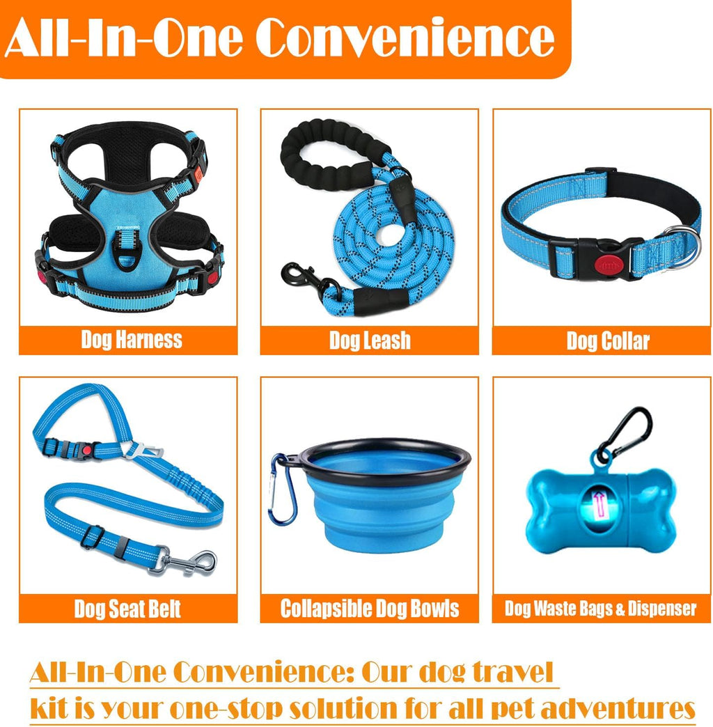 No Pull Dog Harness, Collar & Leash Set | Includes Dog Seat Belt, Collapsible Bowls & Poop Bag Dispenser. Ideal for