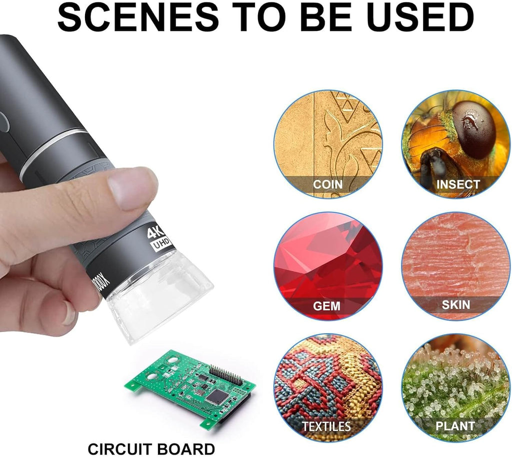 4K WiFi Microscope for iPhone Android PC, 50-1000X USB Digital Microscope Wireless Super HD Endoscope Camera