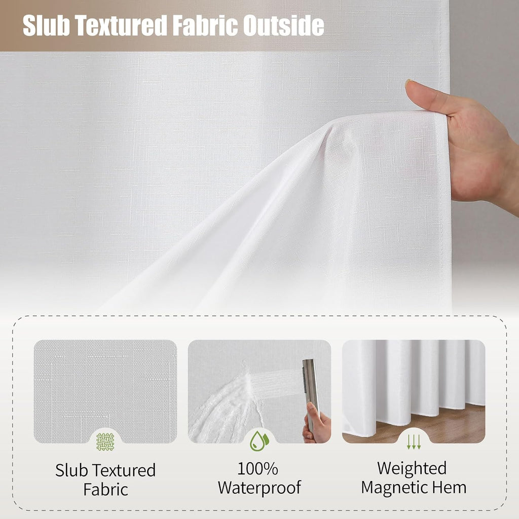 No Hook Shower Curtain, Waterproof Slub Fabric, White 71x74 in | no separate liner, split grommets, waterproof