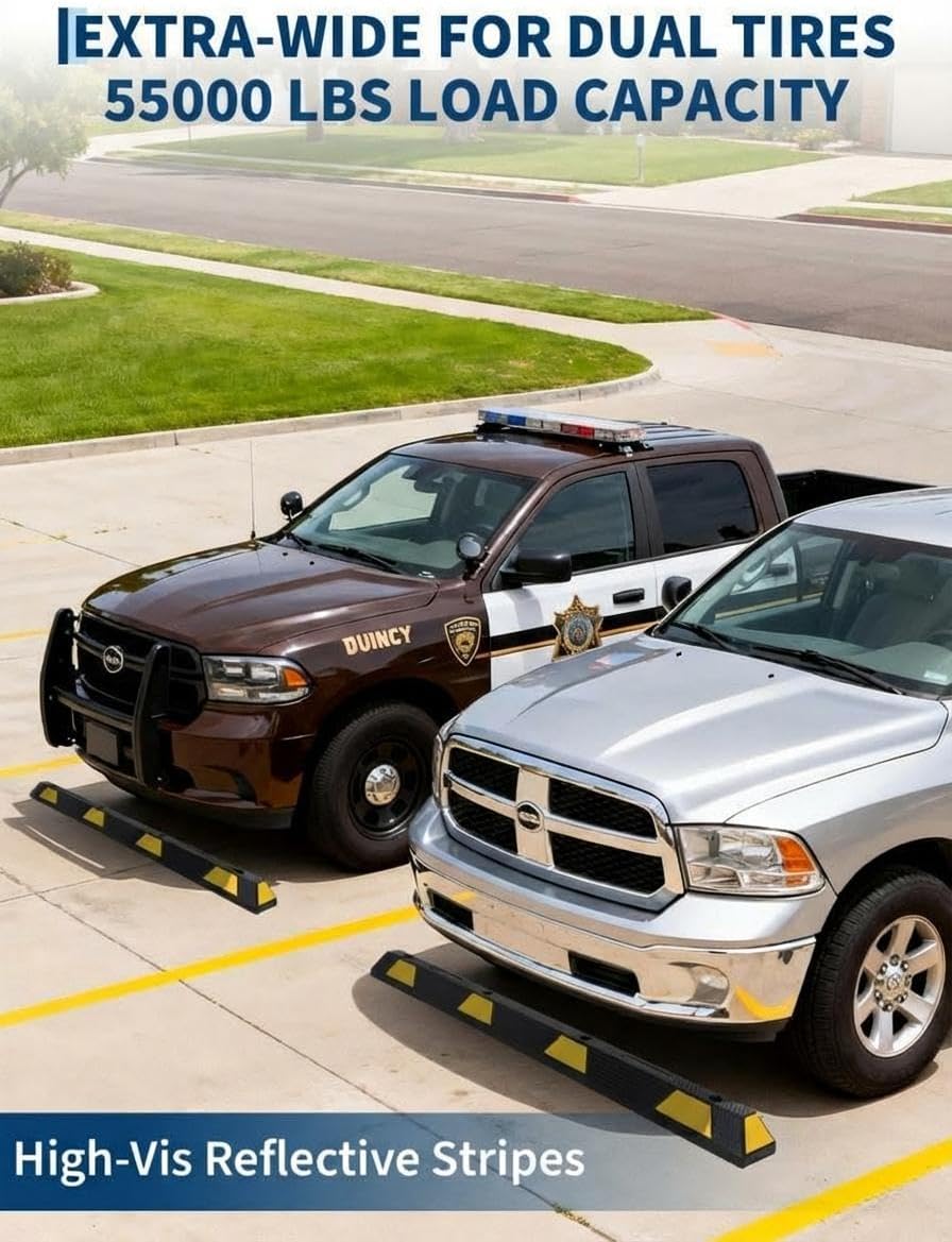 72 in Heavy Duty Rubber Parking Curb, 55000 LB Capacity, 6 ft Garage Parking Stopper with Reflective Stripes, Car