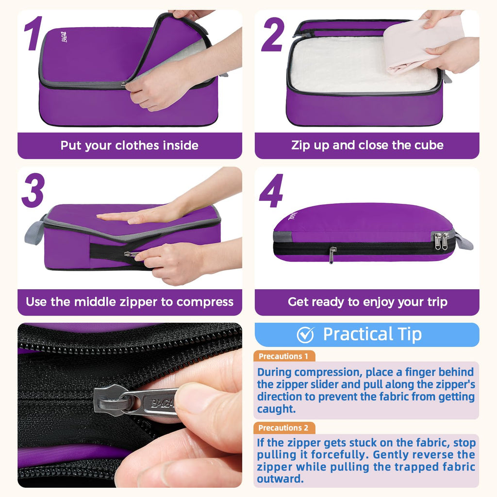4 Set/6 Set/8 Set Compression Packing Cubes Travel Accessories Expandable Packing Organizers (Cloth Pattern, 4-Purple)