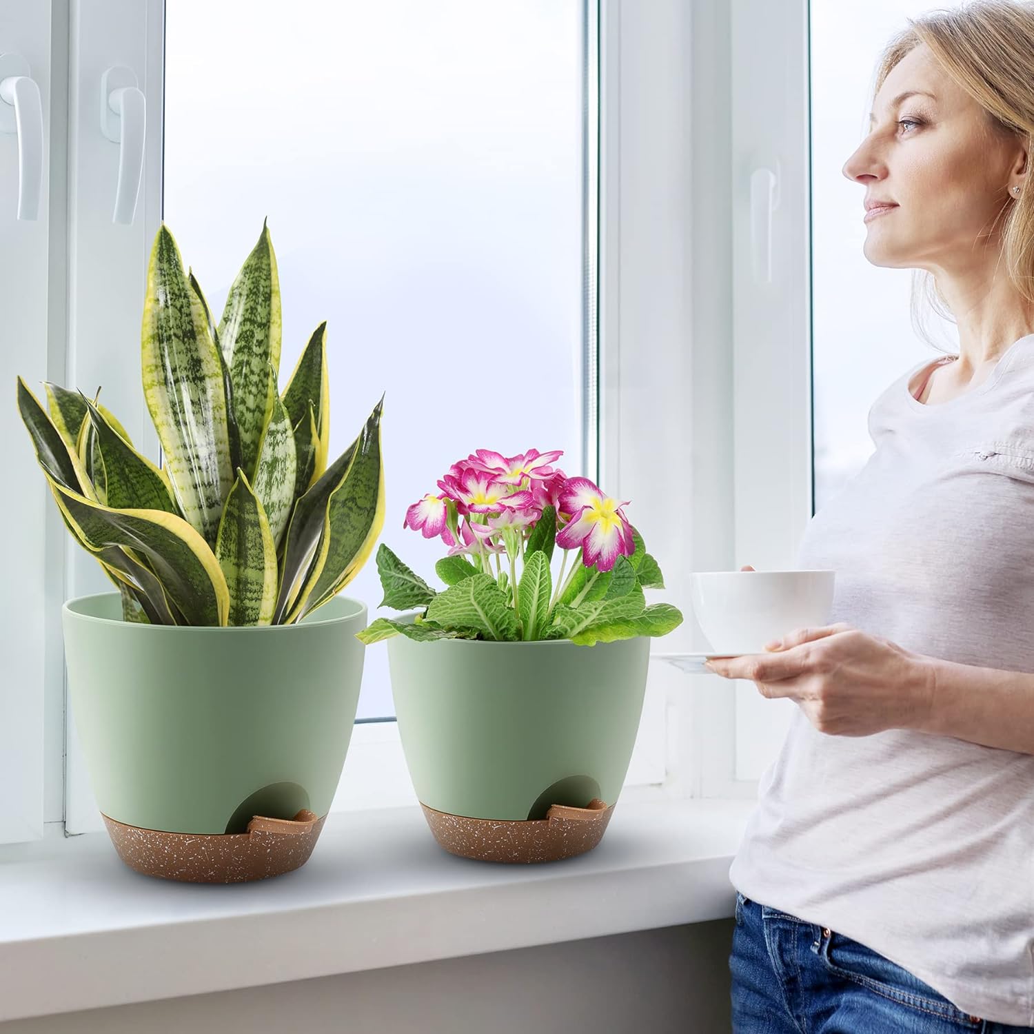 Plant Pots 10/9/8/7.5/7 Inch Self Watering Pots, Set of 5 Plastic Planters with Drainage Holes and Saucers,Plastic