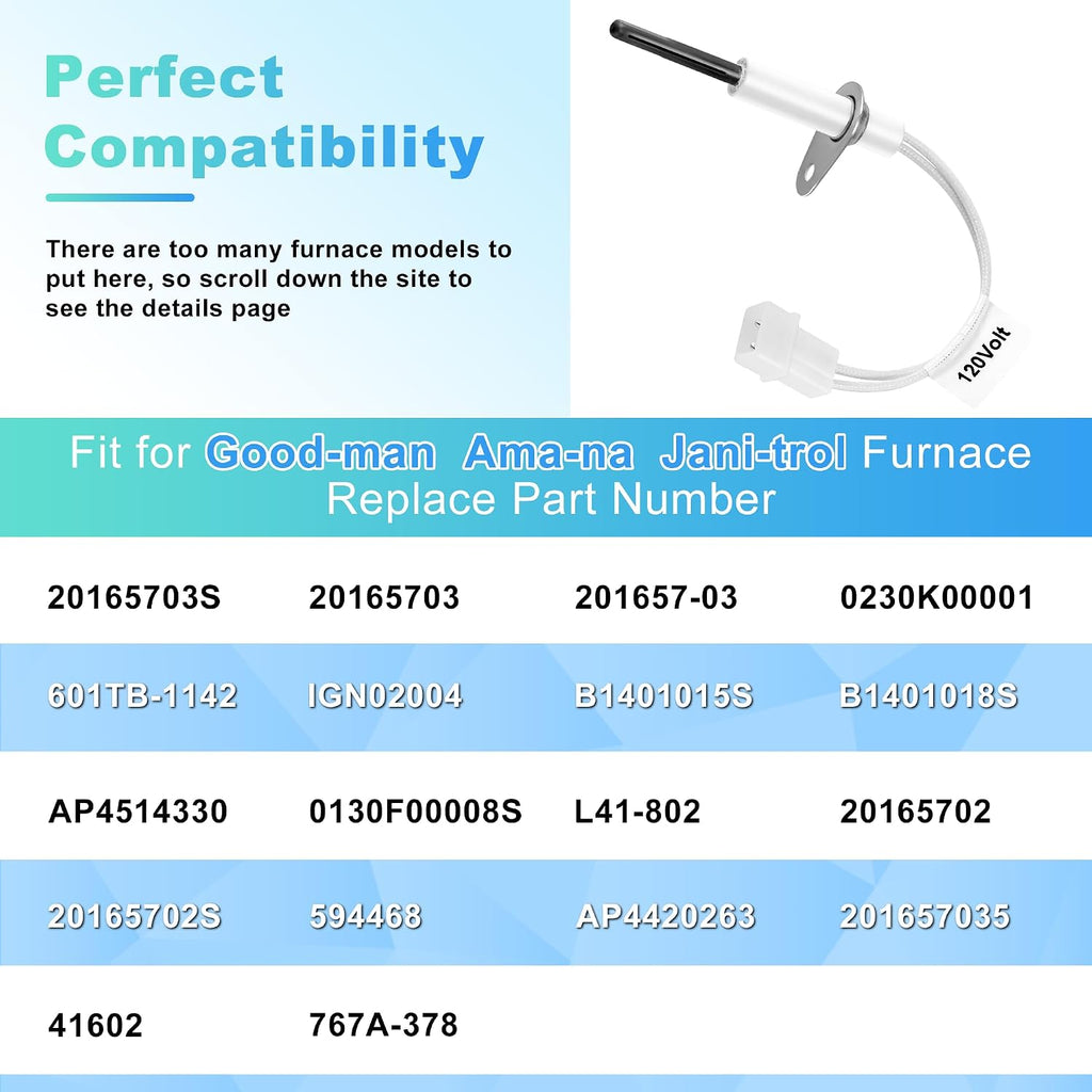 2026 Upgraded 20165703S 201657-03S Furnace Hot Surface Ignitor 120V Silicon Heater Igniter Compatible With Good-man Ama-na Jani-trol Replace Part 20165703S, 601TB, 20165702 By Fetechmate
