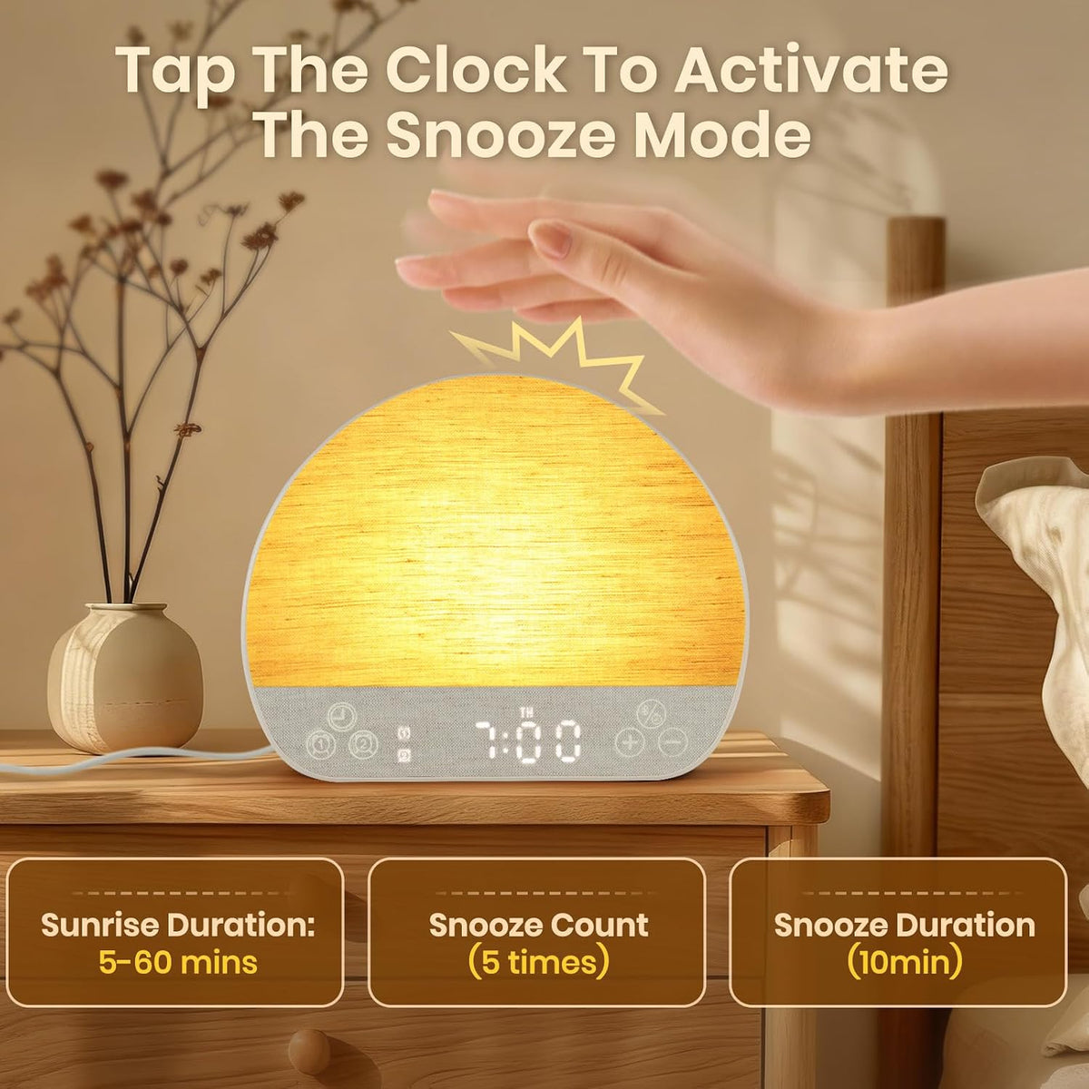 Sunrise Alarm Clock Wake Up Light for Heavy Sleeper with Remote | 37 White Noise Sounds, Tap Snooze, Bluetooth, USB