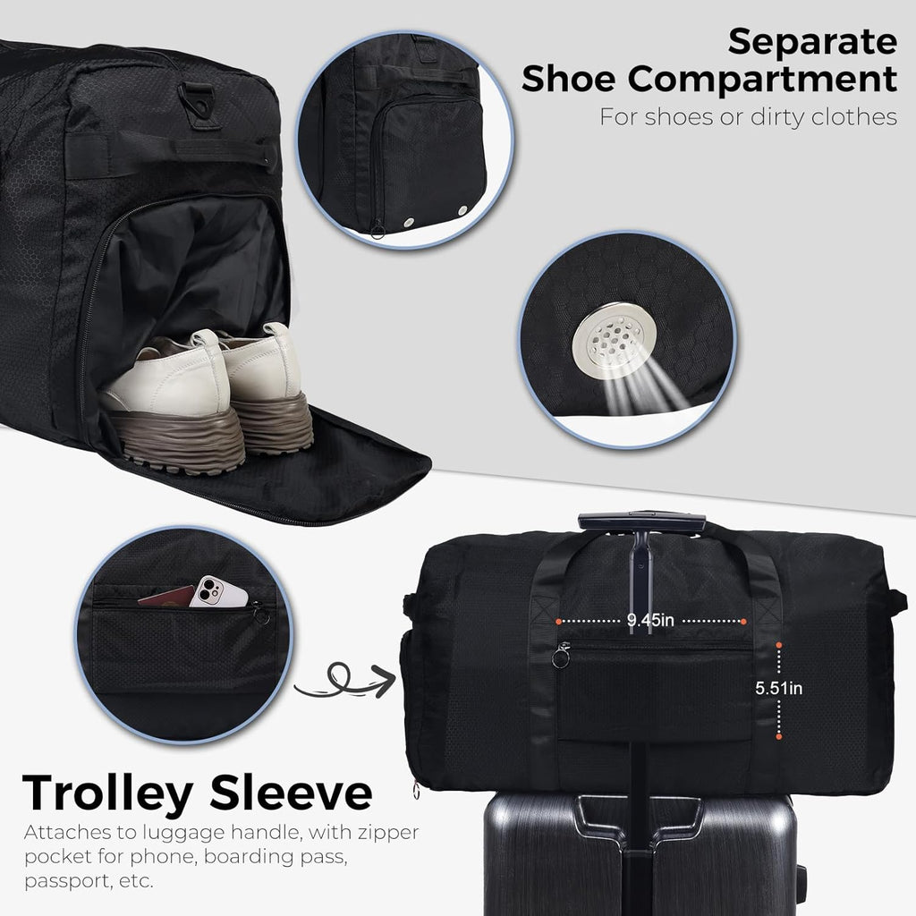 65L Duffle Bag with Shoes Compartment, Foldable Travel Duffel Bags for Men Women, Large Packable Travel Bag Water