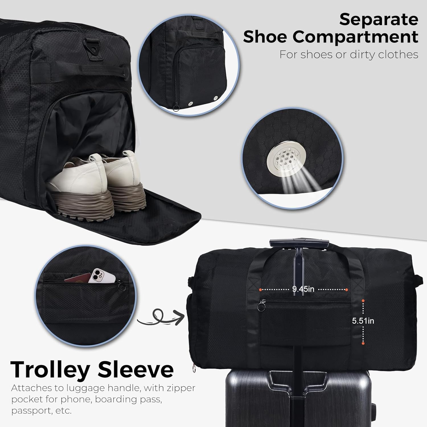 65L Duffle Bag with Shoes Compartment, Foldable Travel Duffel Bags for Men Women, Large Packable Travel Bag Water