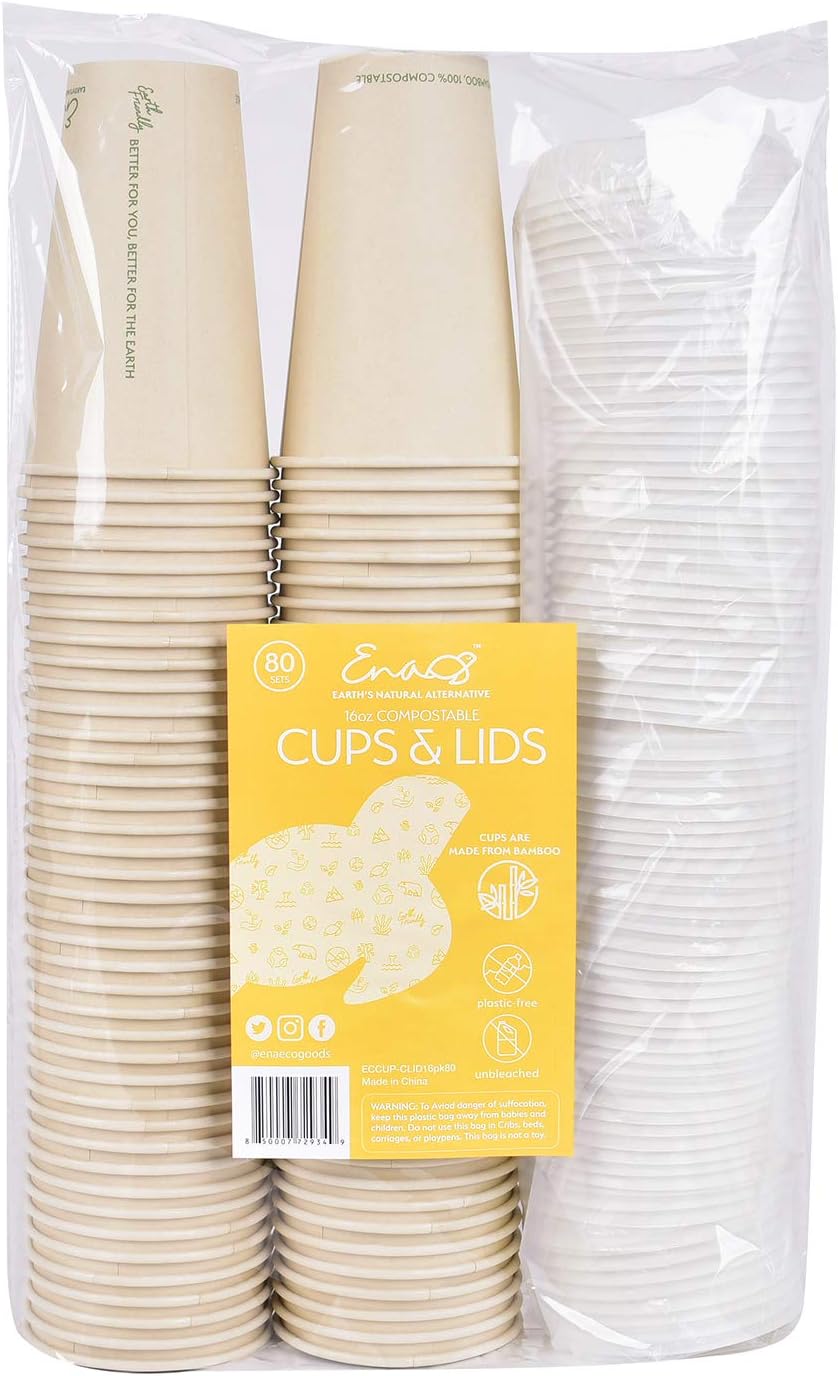 100% Compostable Disposable Coffee Cups with Lids [16oz 80 Set] Paper Cups Made from Unbleached Bamboo Fiber
