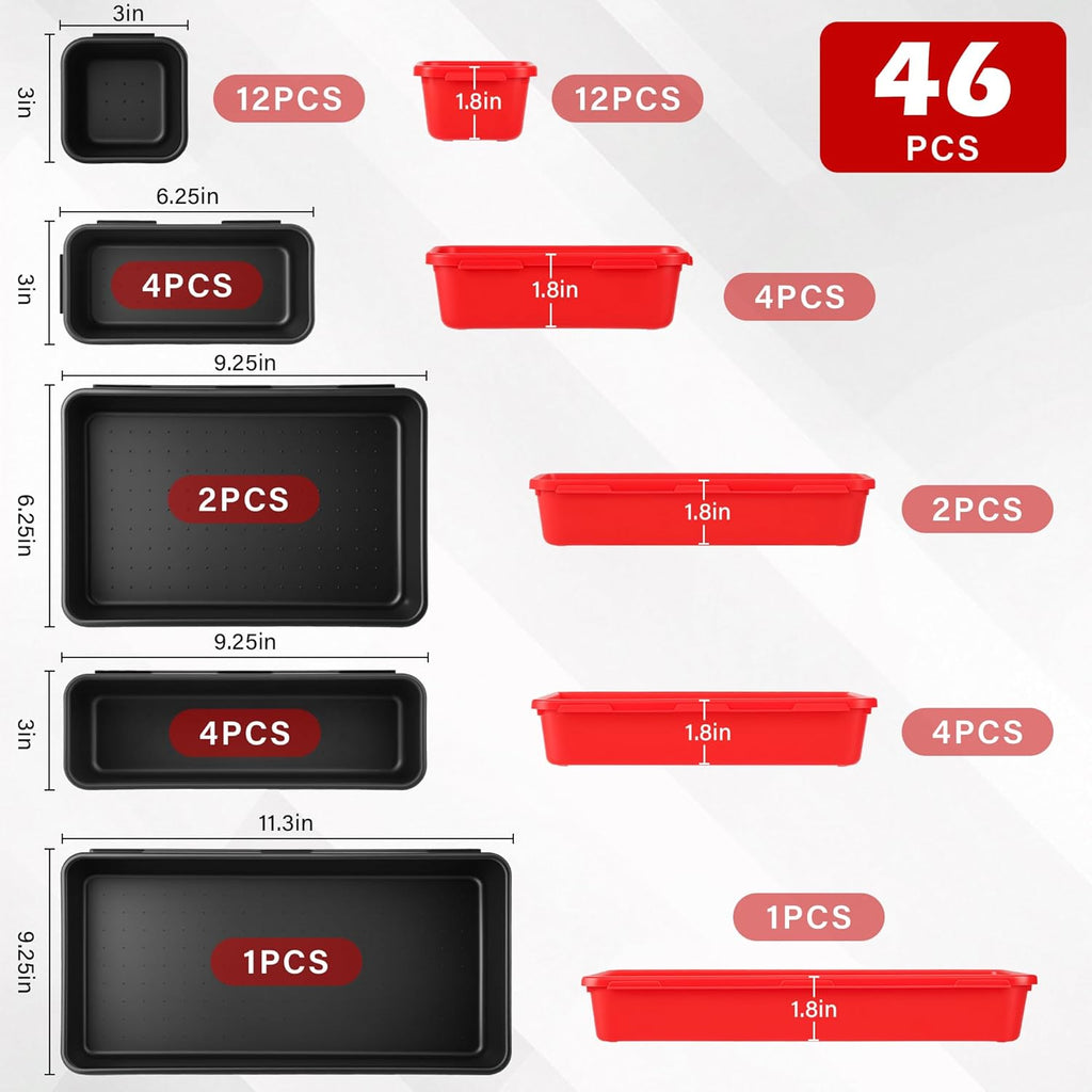 46Pcs & 5 Sizes Tool Box Organizer Tray Set with 15Lb Magnetic Pickup Pen,Drawer Organizer Bin, Garage Organization