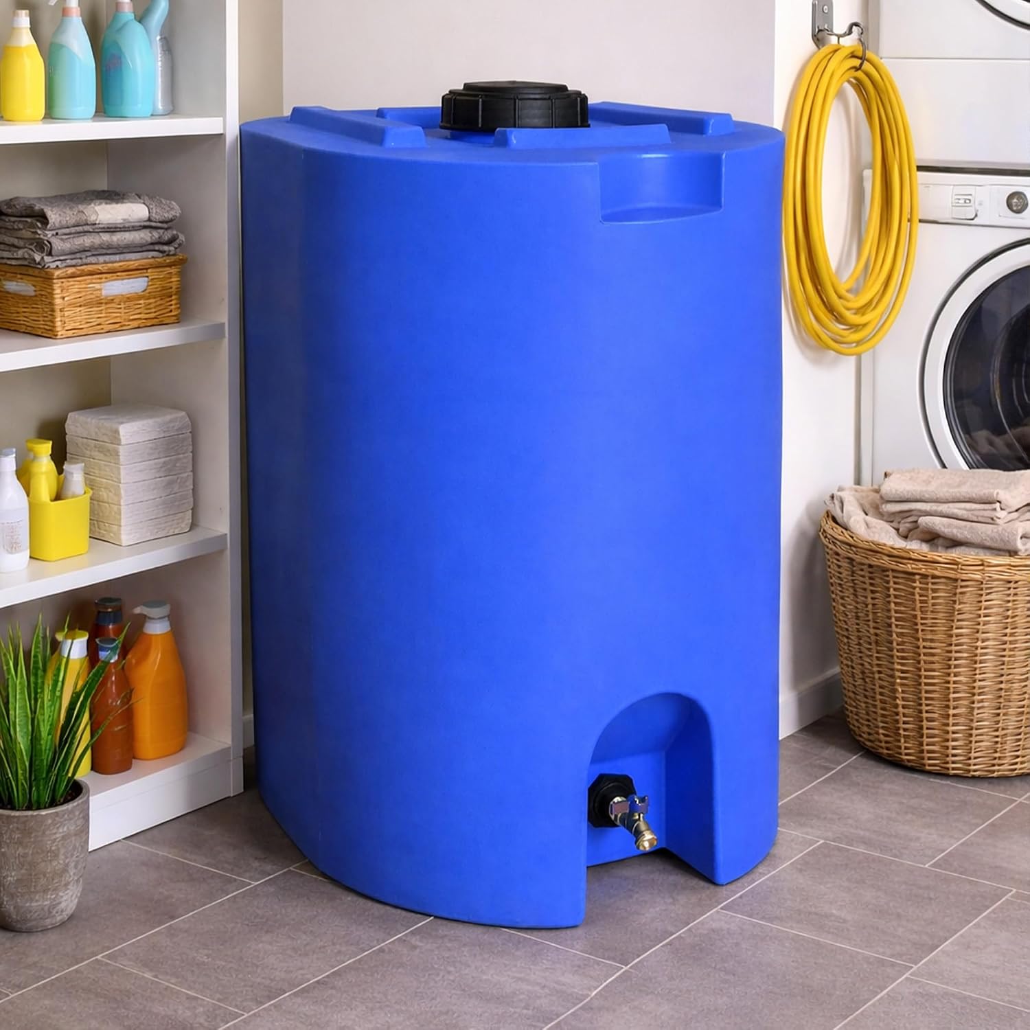 55 Gallon Unique Stackable Utility Water Tank, Blue | Emergency Water Storage Tank with Large Cap and Spigot for Easy
