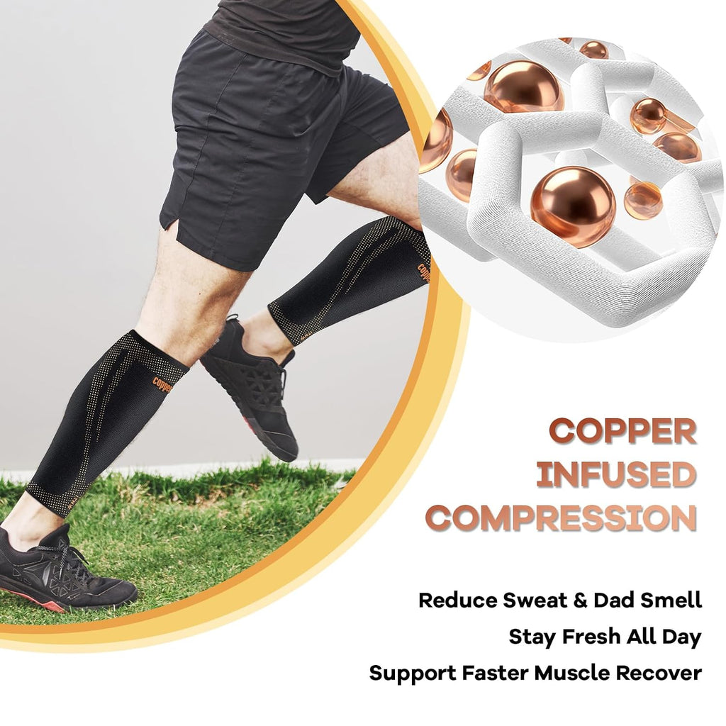 Copper Calf Compression Sleeves for Men & Women - Premium High Stretch Graduated Compression with Anti-Slip Grip |