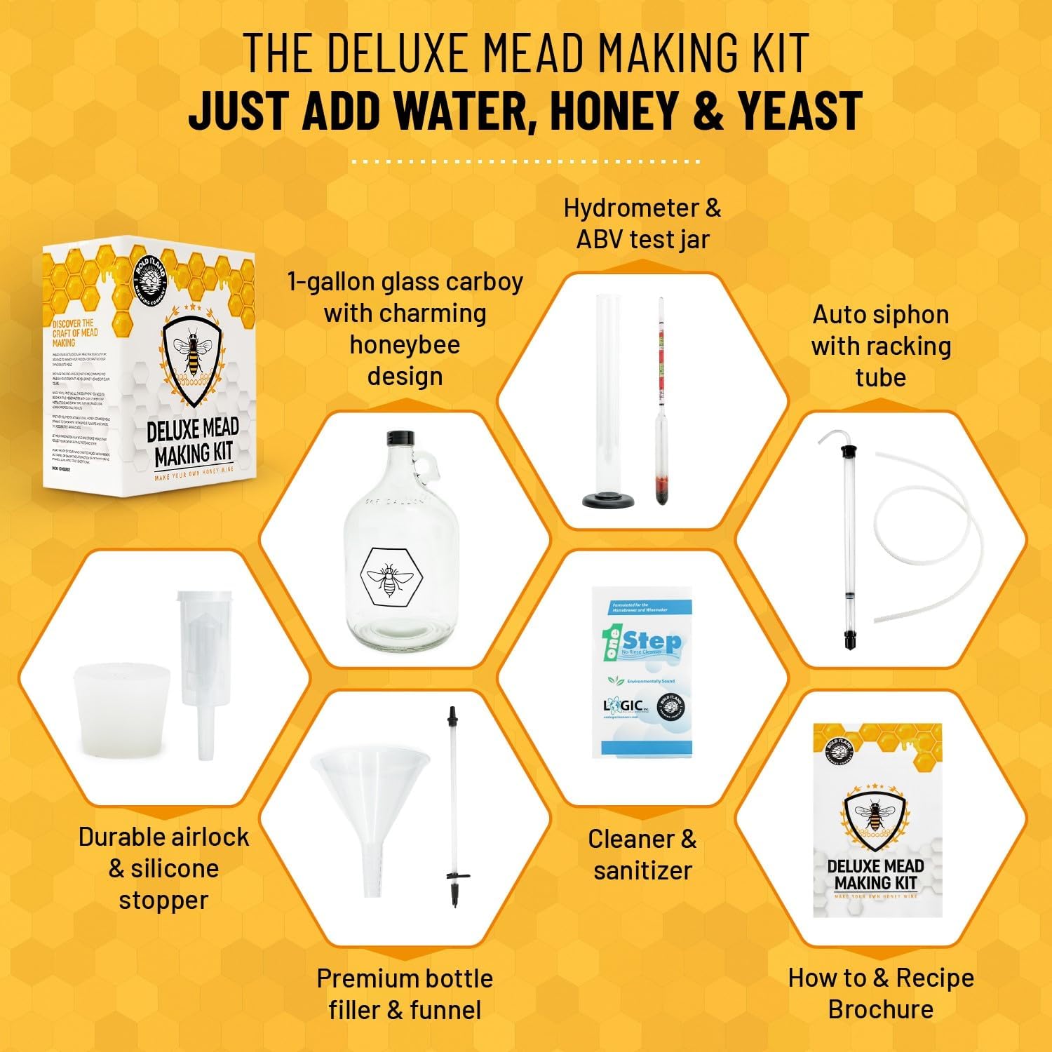 Complete Mead Making Kit for Beginners – Home Brewing Starter Kit – Includes 1 Gallon Glass Jug Carboy - Alcohol