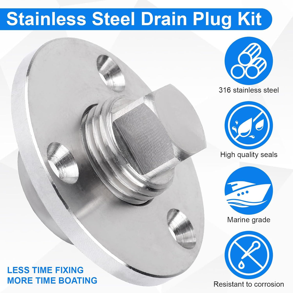 Stainless Steel Boat Drain Plug Kit for Garboard and Transom Scuttle